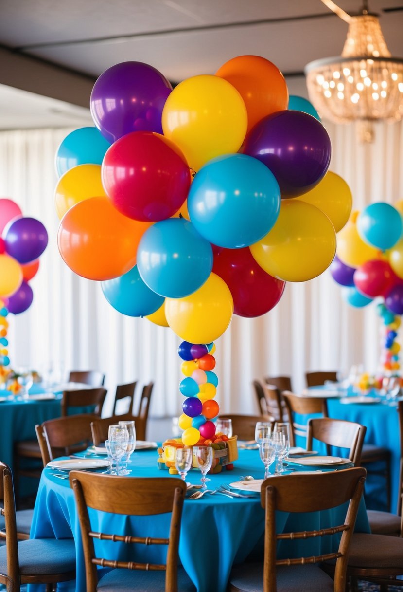 A vibrant balloon centerpiece adorns the kids' table at the wedding, adding a playful and festive touch to the celebration