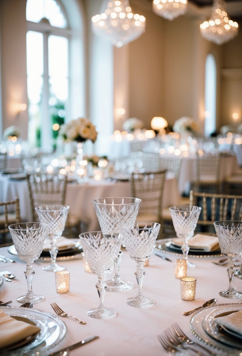 A sparkling array of crystal drinkware adorns the main wedding table, catching the light and adding glamour to the elegant decor