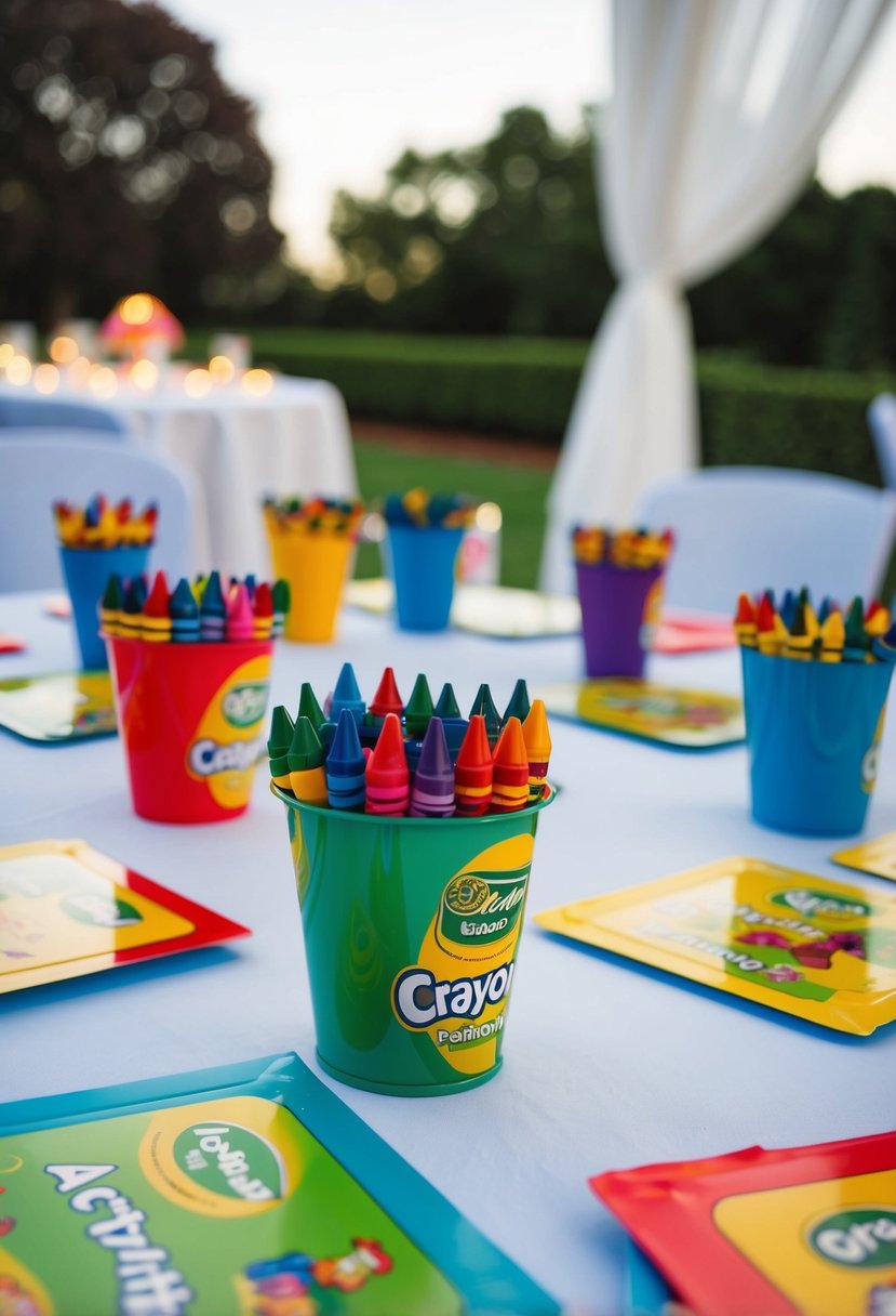 A kids table at a wedding adorned with colorful crayon activity sets