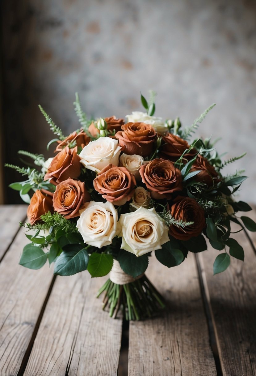 A lush bouquet of terracotta and cream roses, accented with earthy greenery, sits on a rustic wooden table