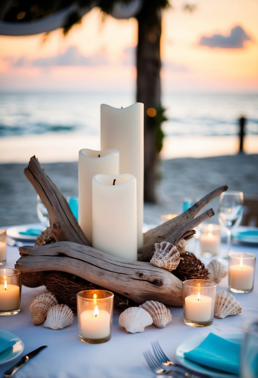 Driftwood centerpiece surrounded by shells and candles on a beach-themed wedding table