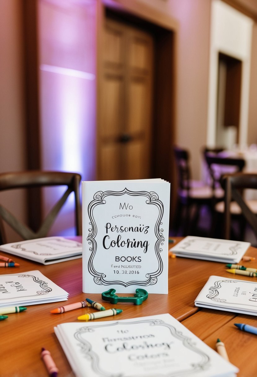 A table set with personalized coloring books and crayons for kids at a wedding