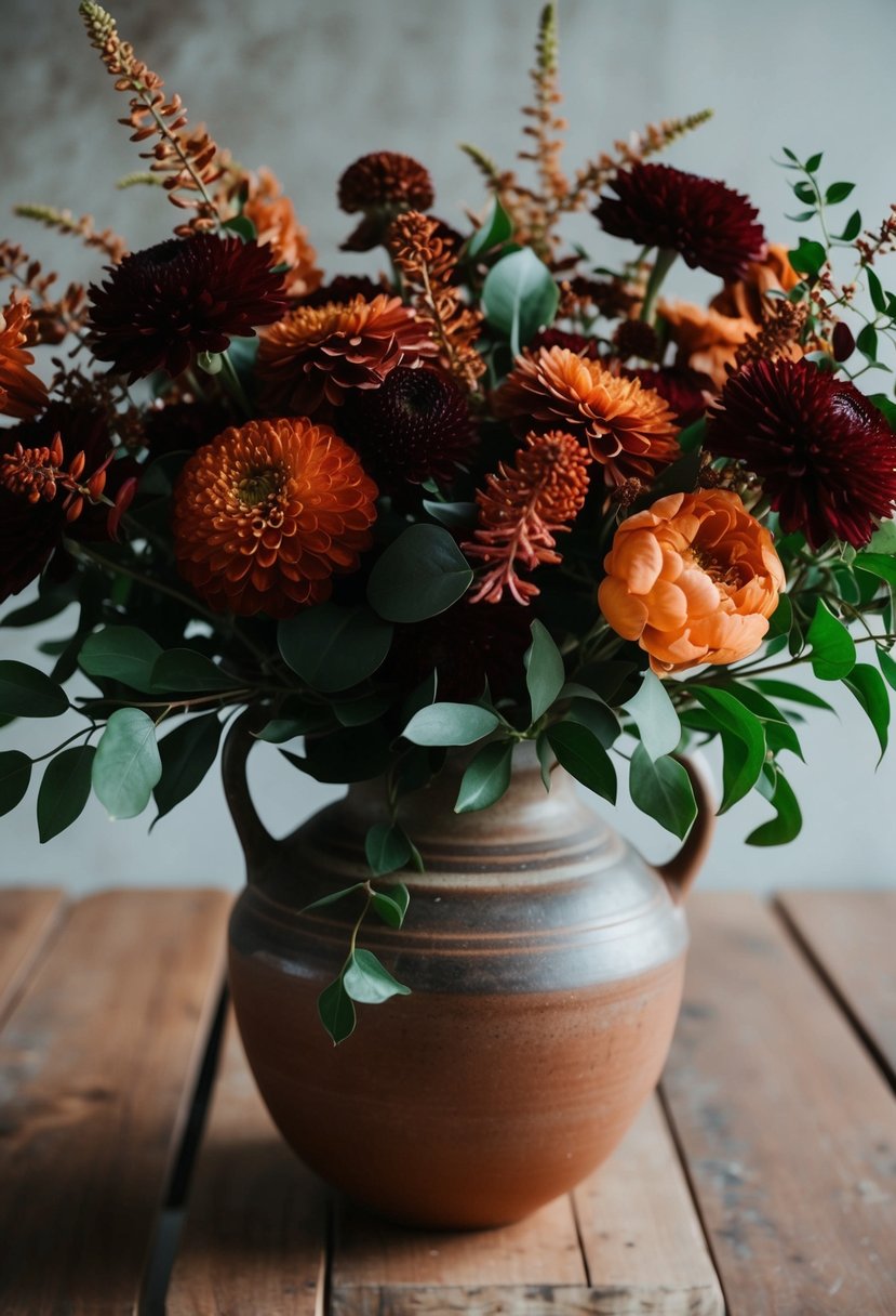 A lush bouquet of deep red and warm orange flowers in earthy tones, accented with green foliage, sits in a rustic ceramic vase on a wooden table