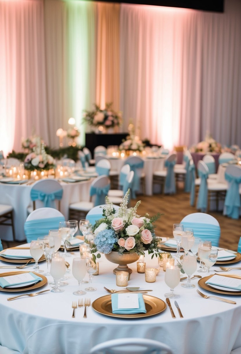 A main table at a wedding reception adorned with pastel-colored decorations and coordinating table settings