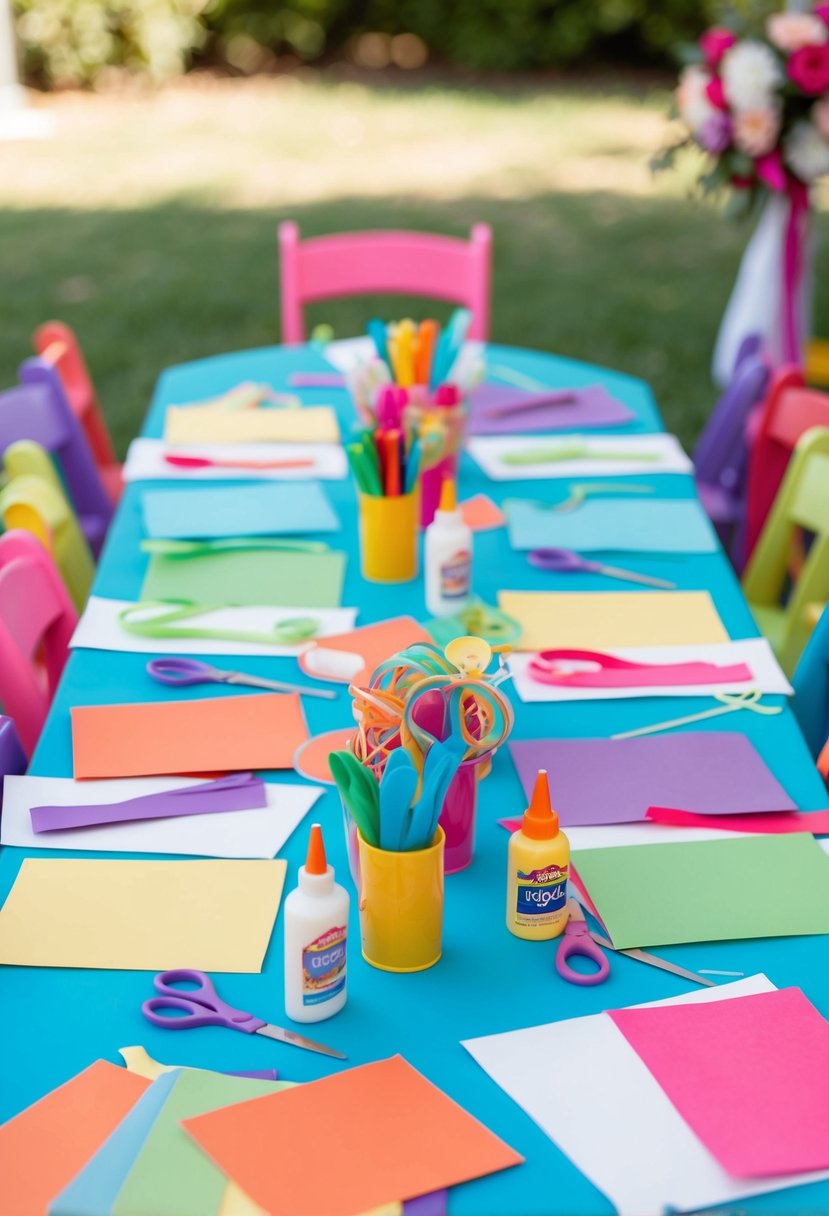 A colorful kids' table adorned with craft supplies and decorations for a wedding, including paper, glue, scissors, and ribbons