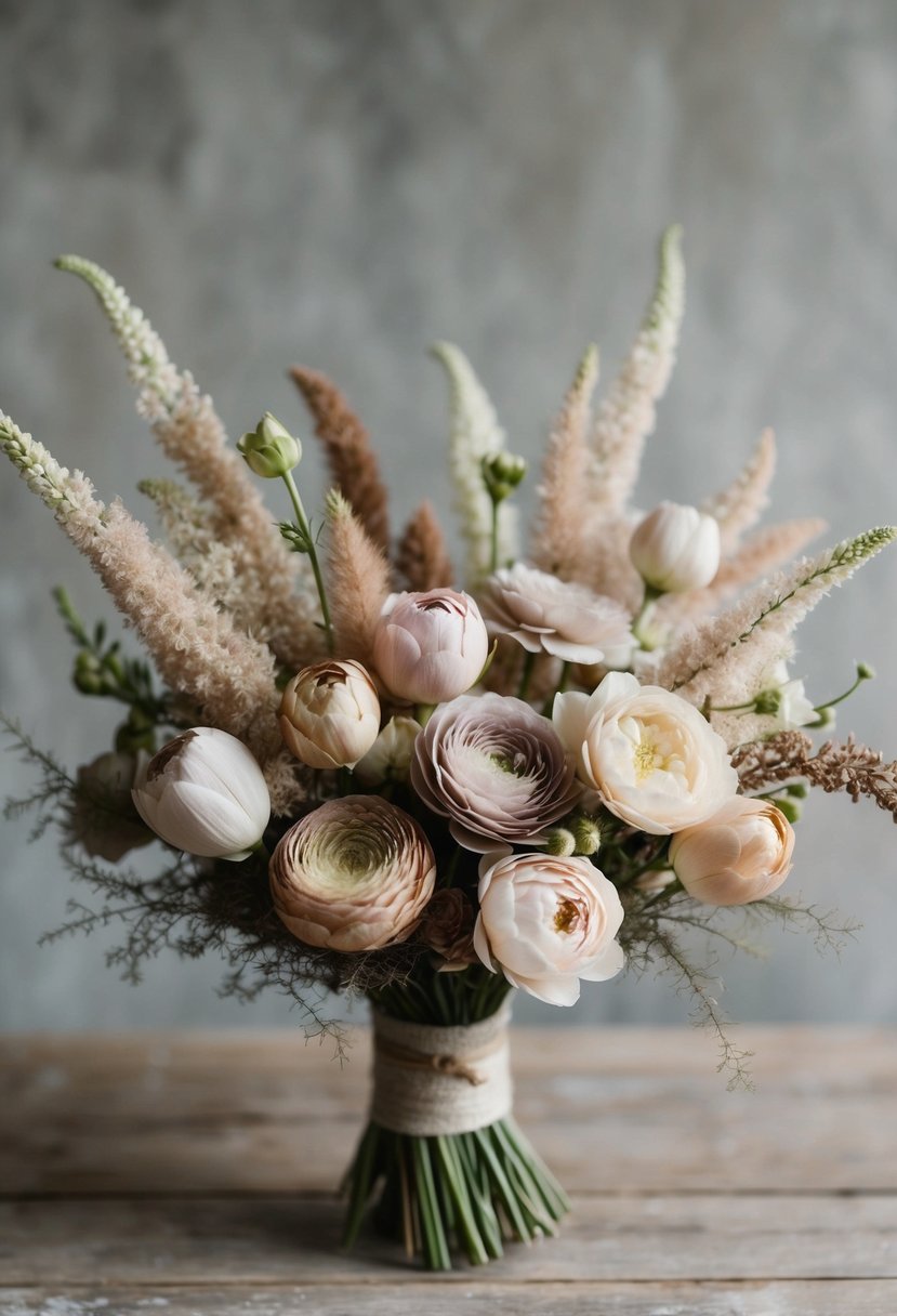 A delicate bouquet of soft, earthy pastel flowers arranged in a rustic, natural style