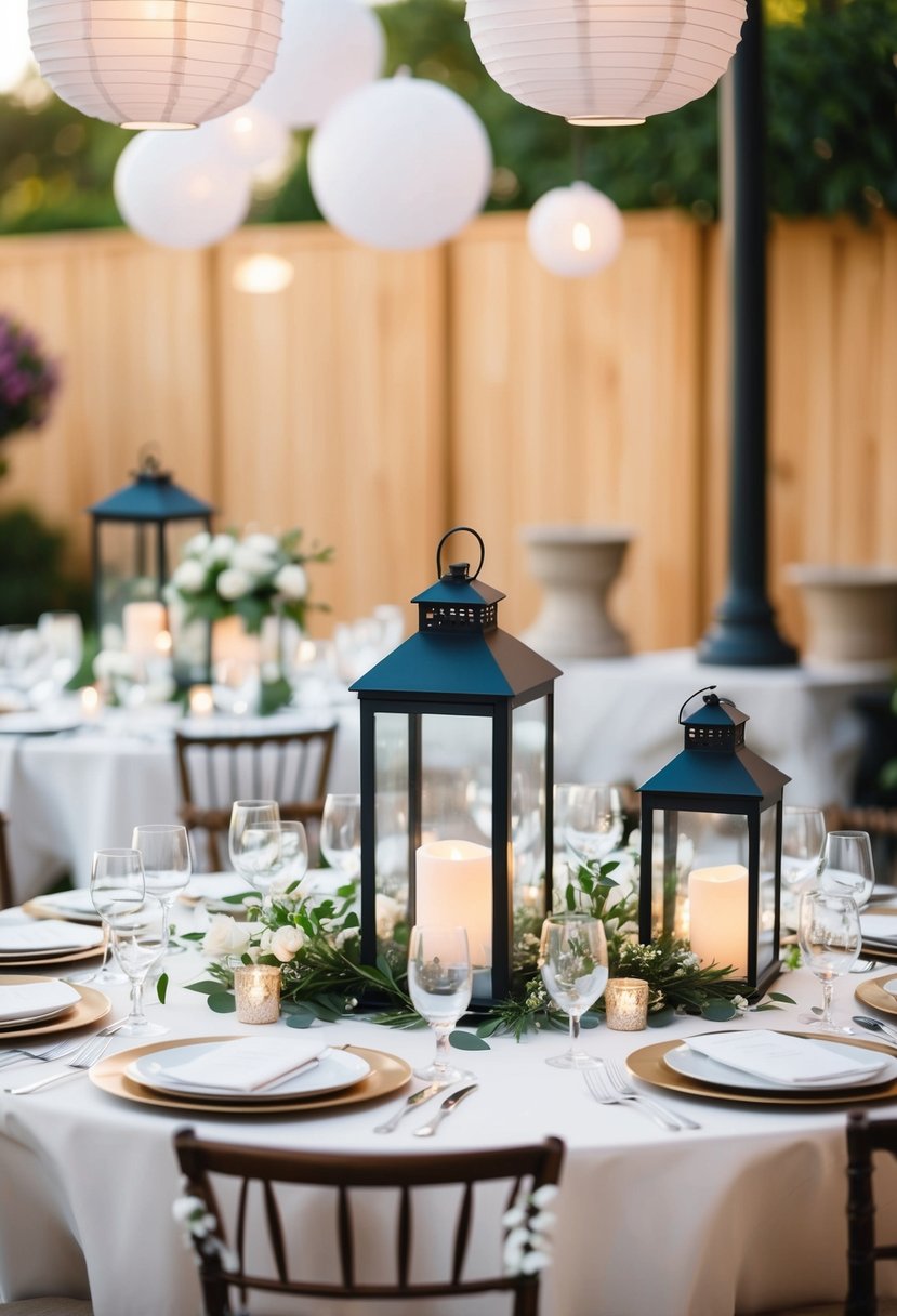 A main table adorned with chic lantern accents for a wedding decoration idea