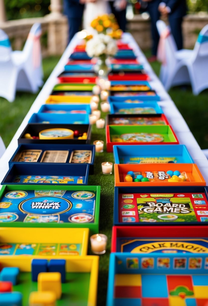 A colorful array of interactive board games adorns a kids' table at a wedding, serving as cheerful and engaging decorations