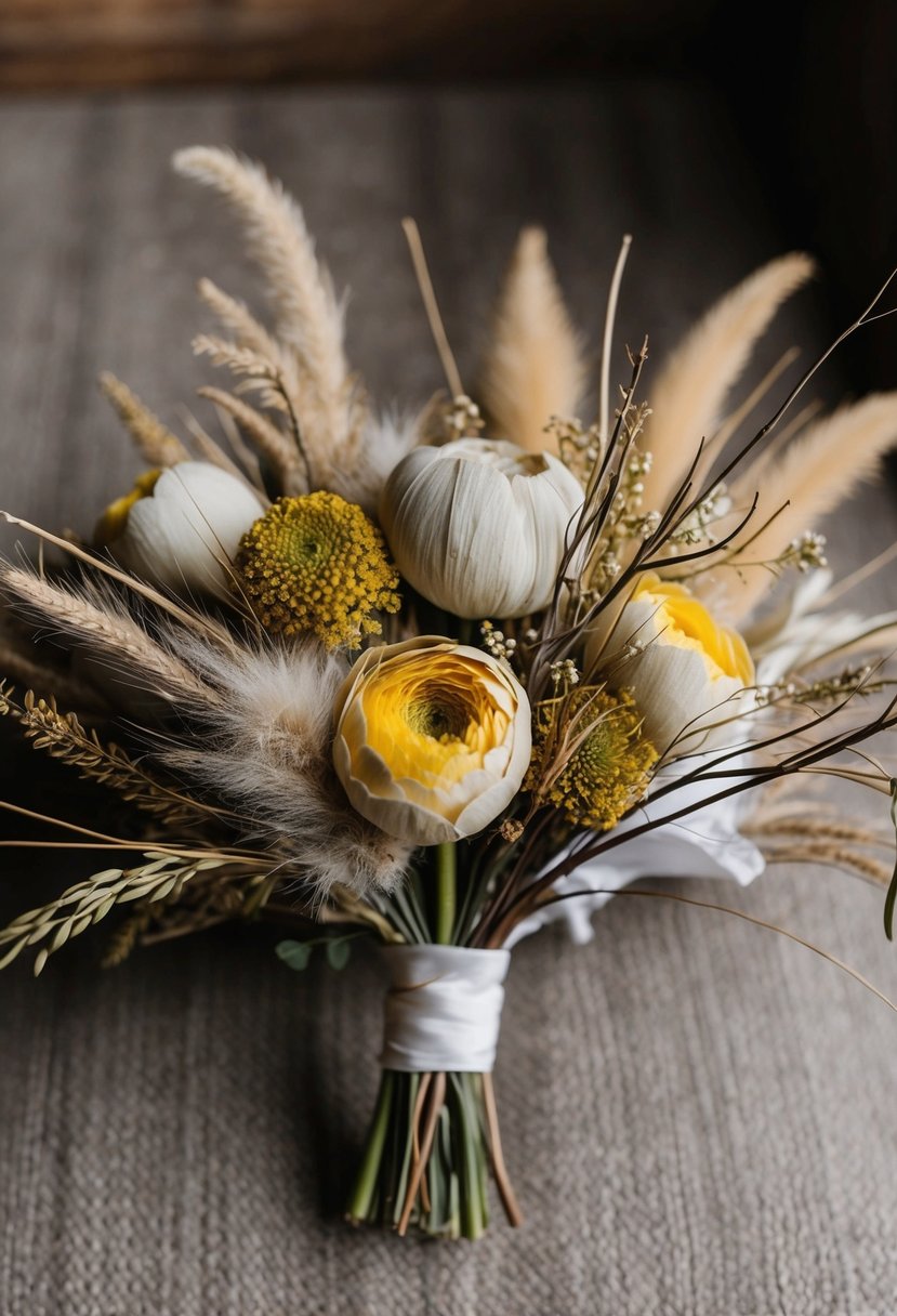 A rustic wedding bouquet featuring neutral tones with subdued yellows, incorporating earthy elements like dried grasses and twigs