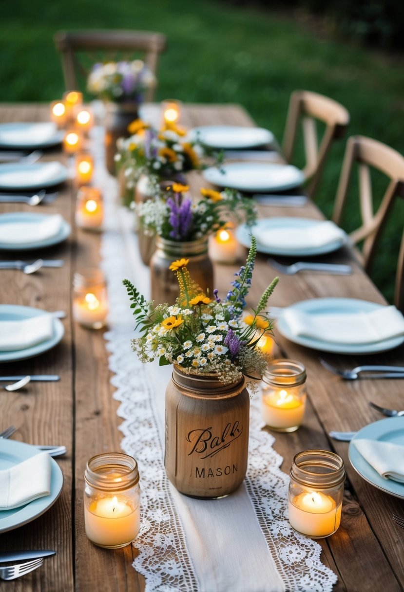 A rustic wooden table adorned with mason jar centerpieces filled with wildflowers, surrounded by flickering tea lights and delicate lace runners