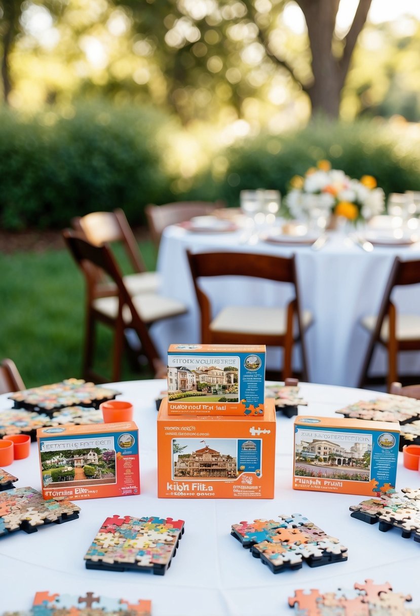 A table adorned with miniature puzzle kits, serving as wedding decorations for the kids' area