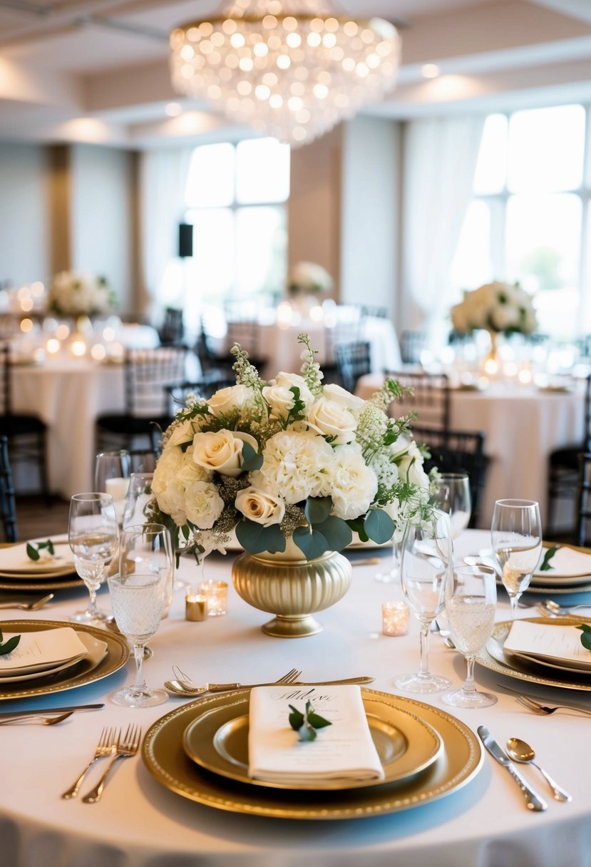 A white and gold themed wedding table with elegant centerpieces and intricate place settings