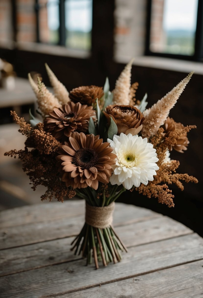 A bouquet of earth-toned flowers in bronze hues and soft whites, arranged in a rustic, natural style