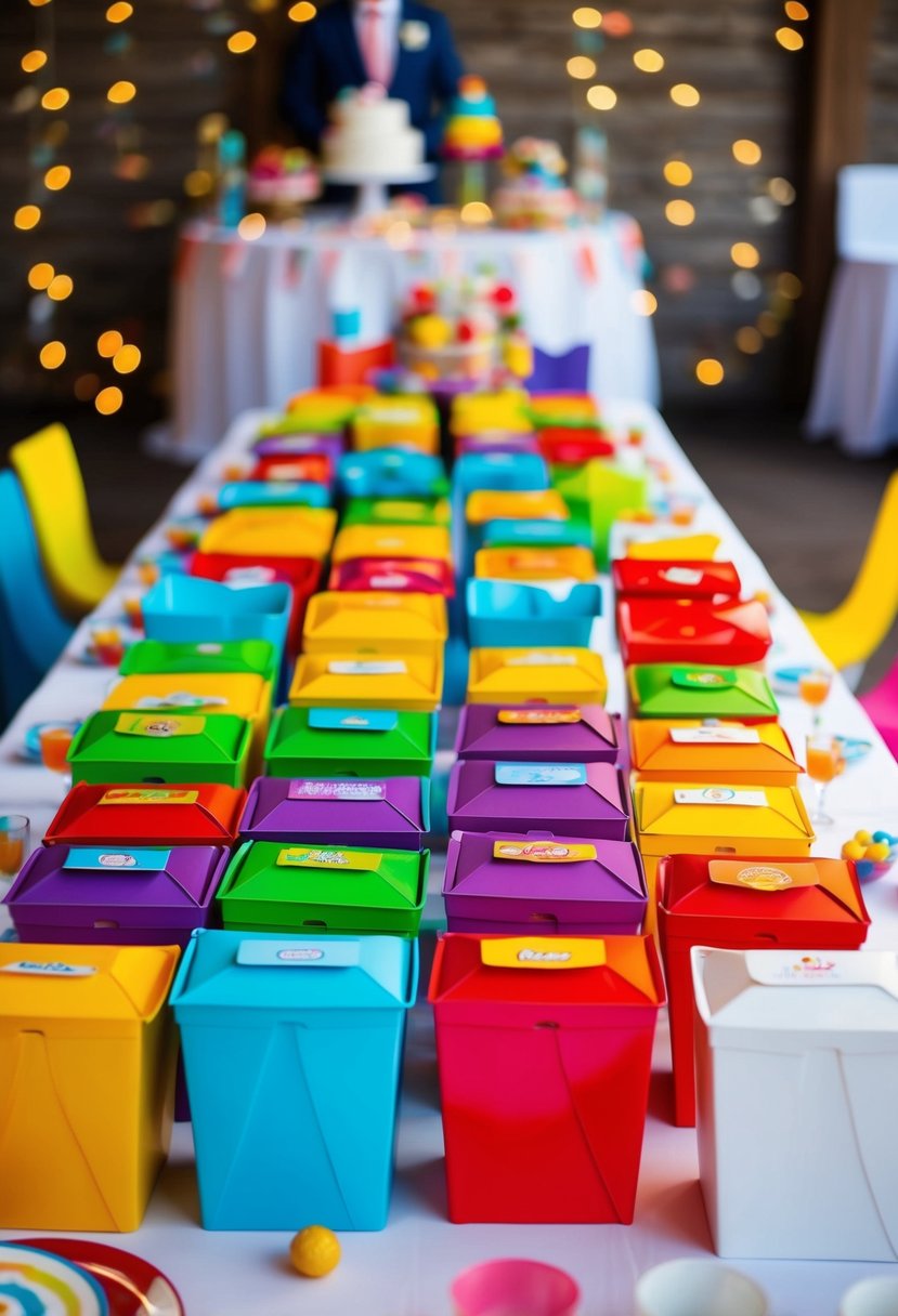 Colorful snack boxes arranged on a kids' table at a wedding, surrounded by playful decorations and whimsical elements