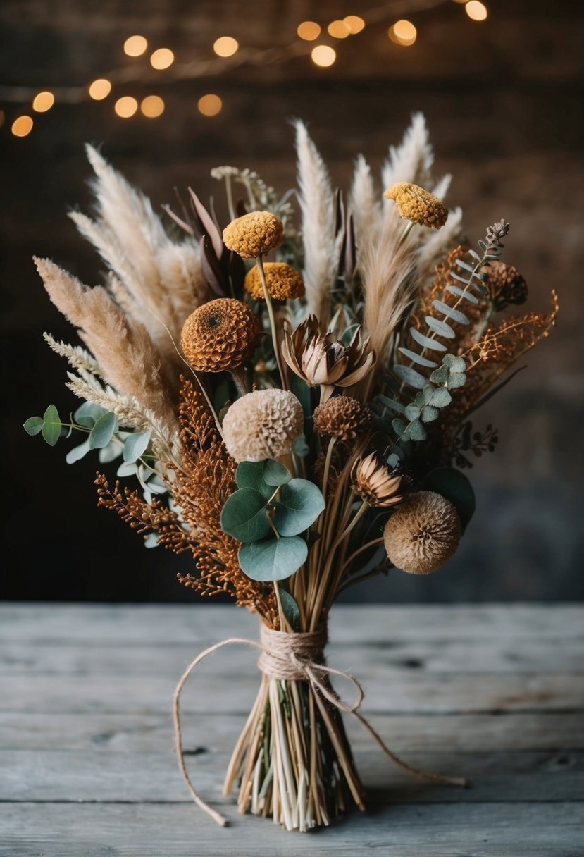 A rustic bouquet of dried flowers and foliage in earthy tones, tied with twine