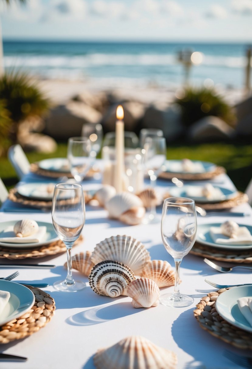 A table adorned with seaside seashell charm wedding decorations