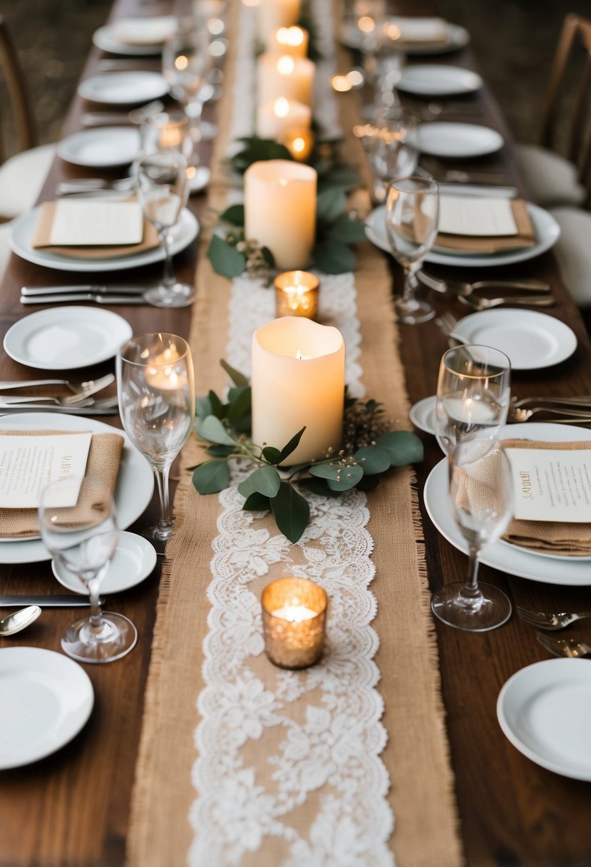 A rustic wedding table adorned with burlap and lace combo centerpiece, surrounded by elegant place settings and soft candlelight