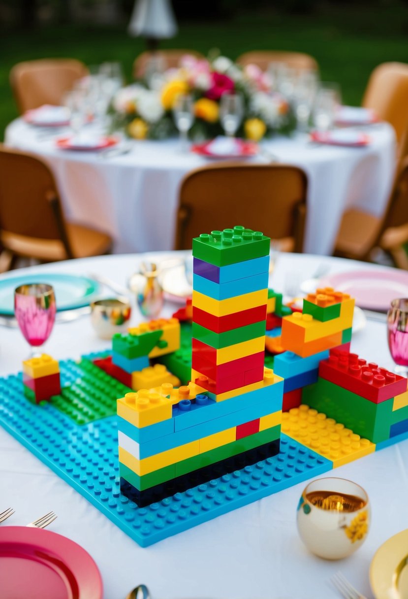 A colorful Lego building area on a kids' table with wedding-themed decorations