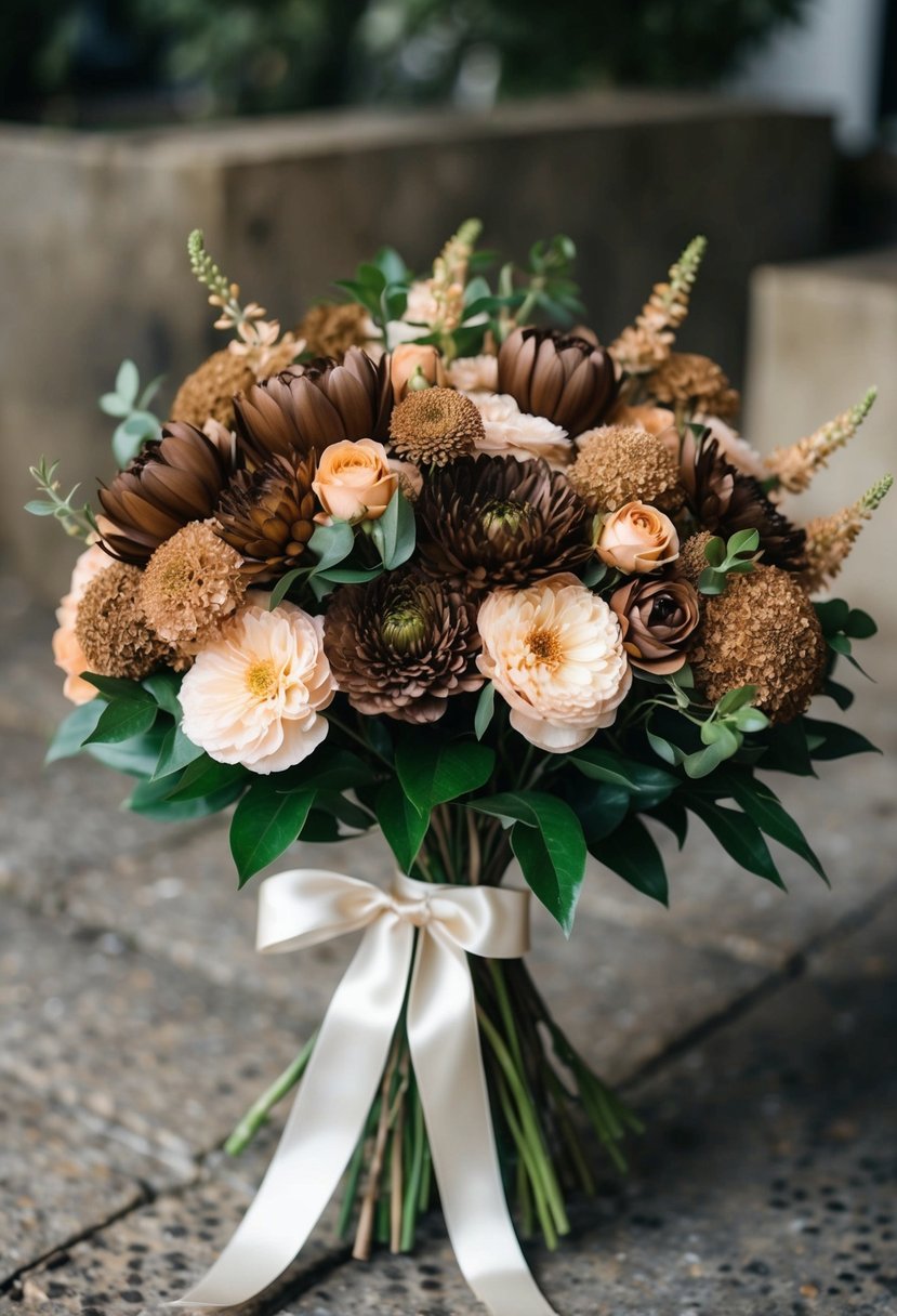 A lush bouquet of earth-toned brown and peach flowers, tied with a satin ribbon