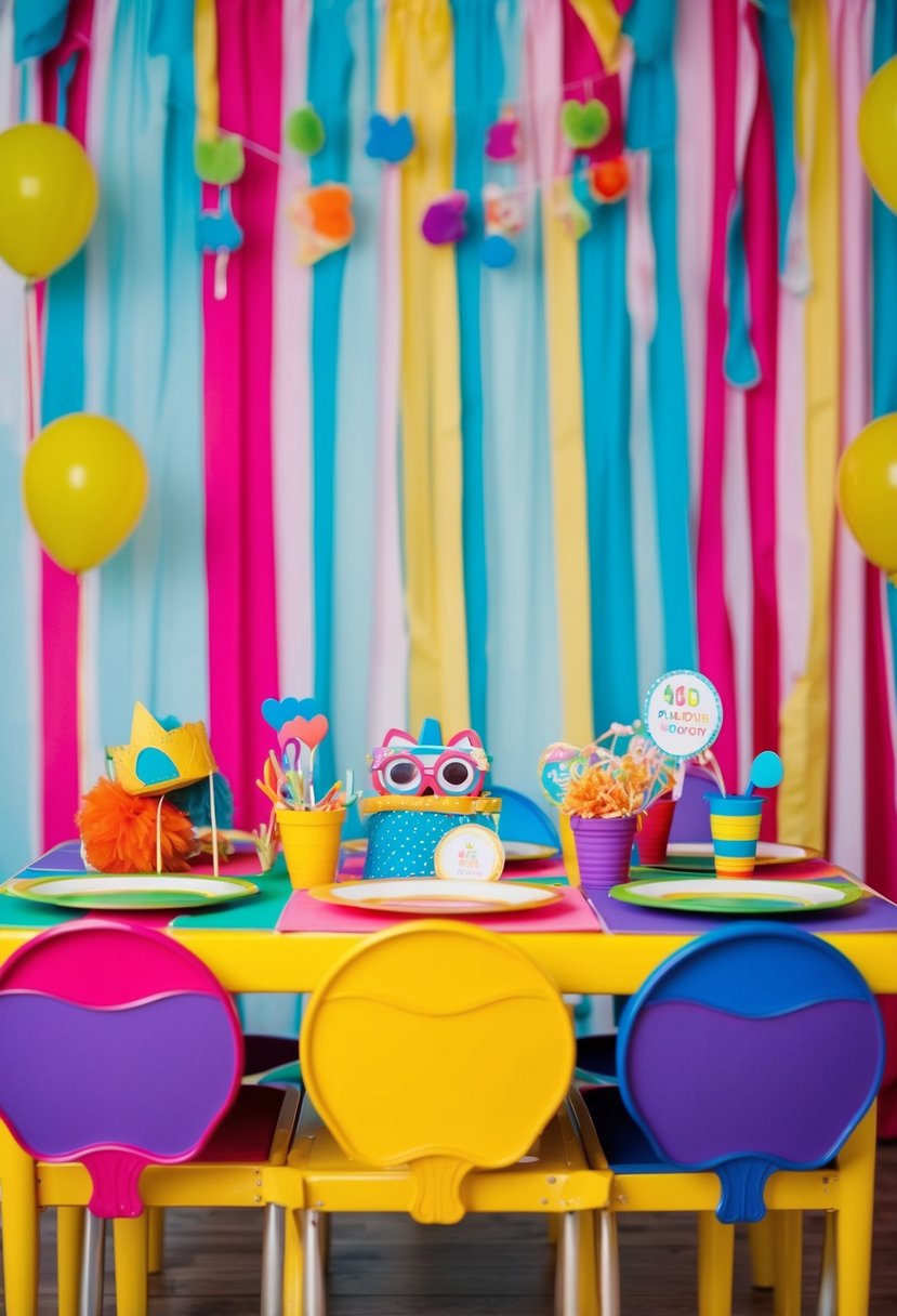 A colorful and whimsical kids' table set up with fun props and decorations for a wedding photo booth