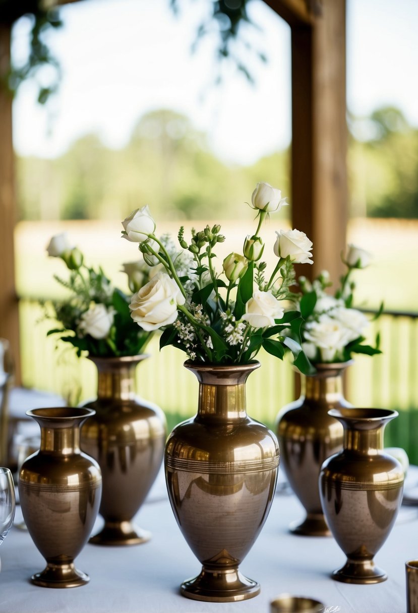 A table adorned with vintage bronze vases as wedding decorations