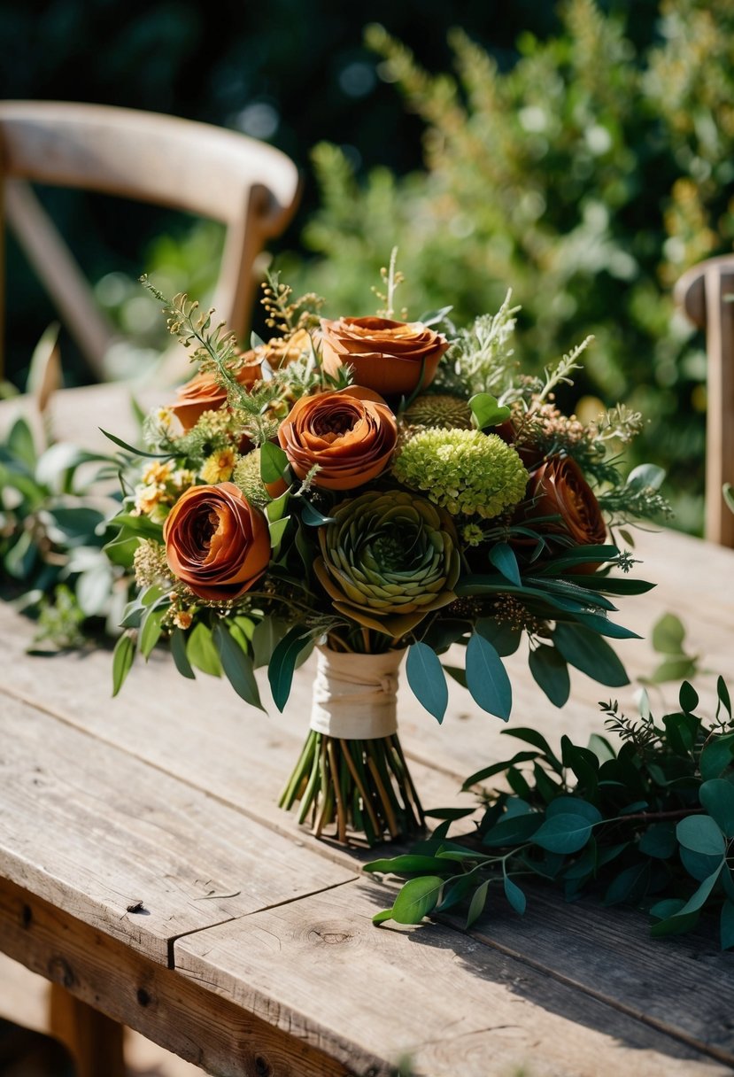 A terracotta and olive green wedding bouquet sits on a rustic wooden table, surrounded by earthy greenery and softly lit by natural sunlight