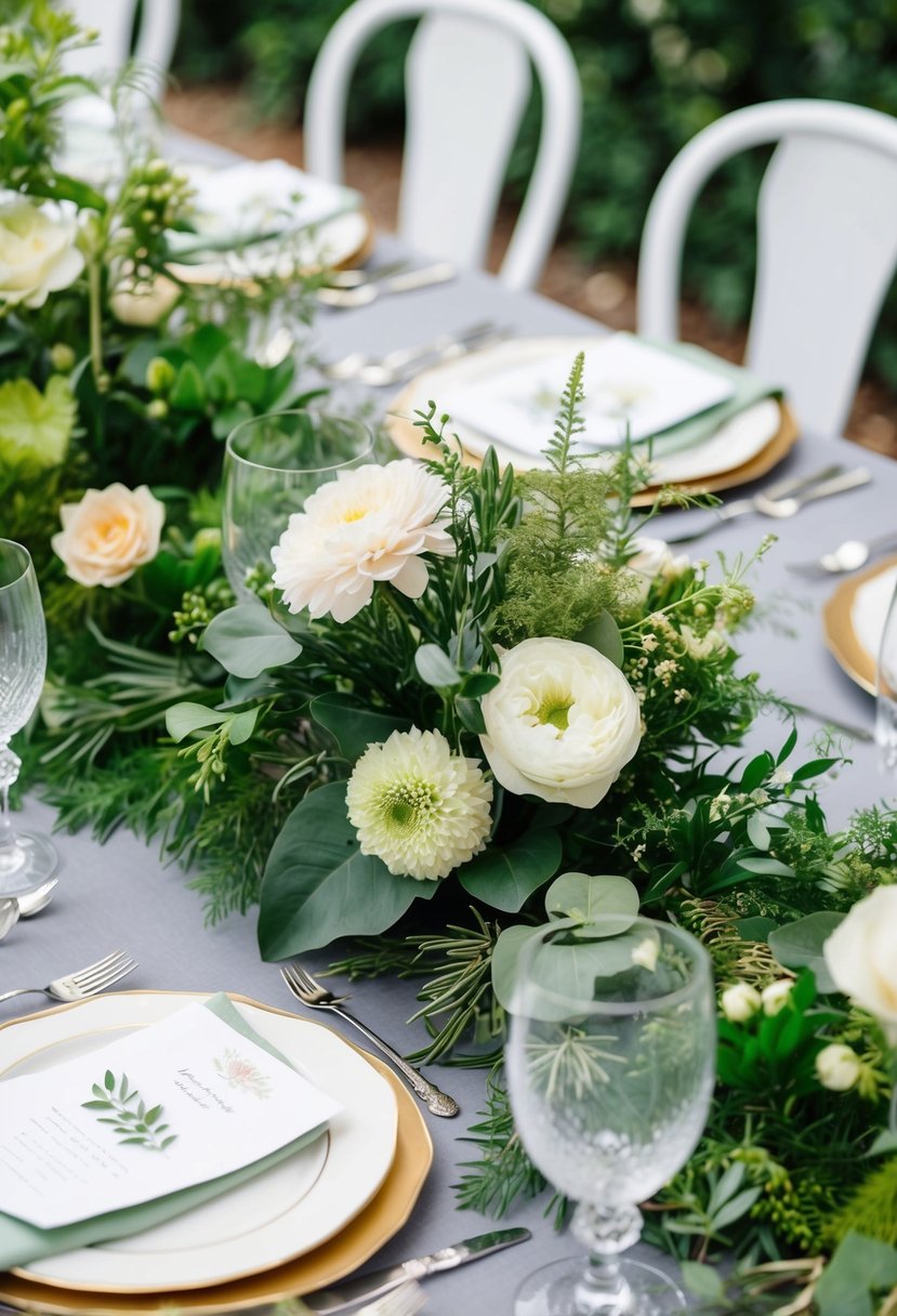 A lush garden-inspired table display with floral centerpieces, greenery, and delicate place settings