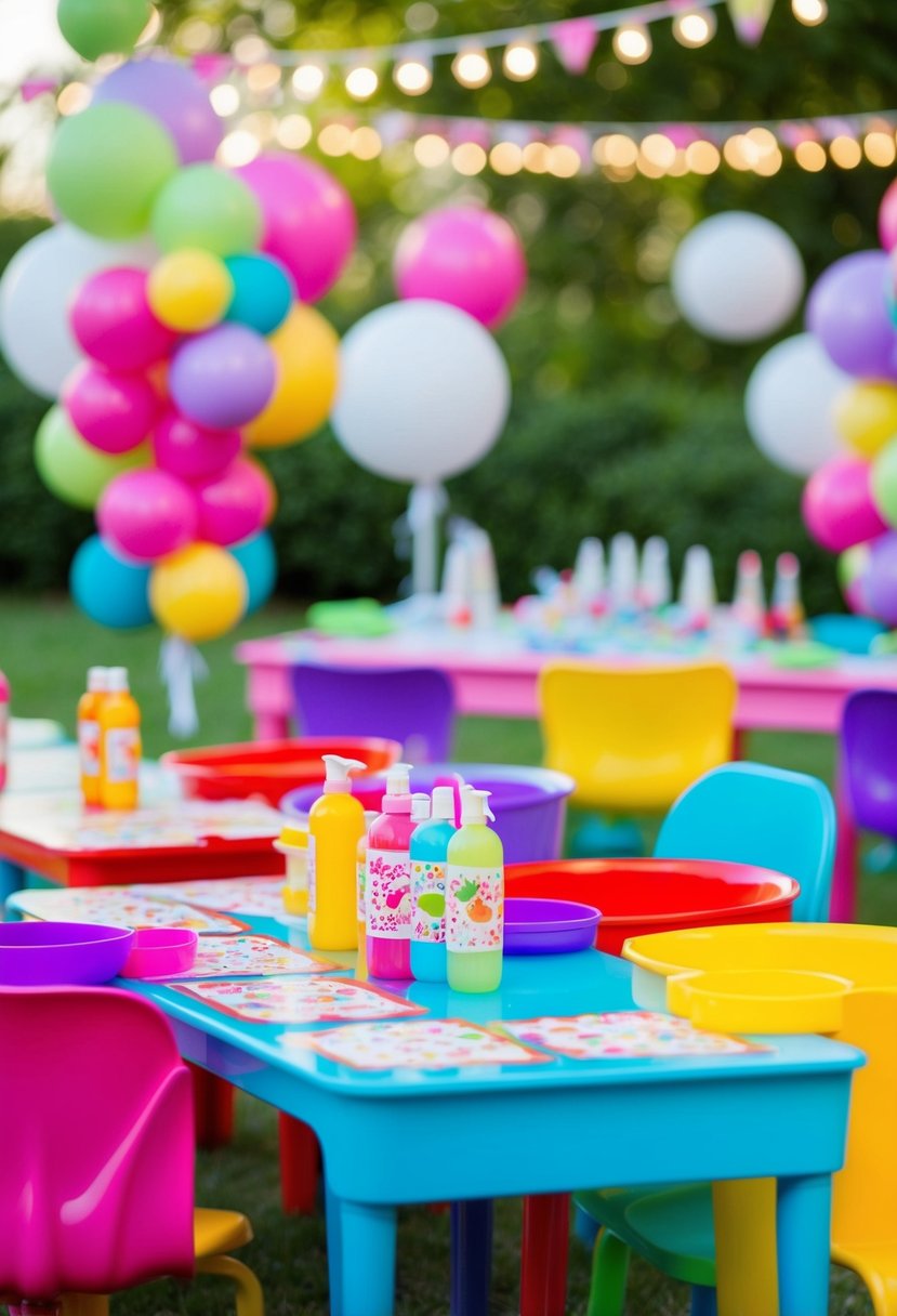 A colorful kids table with a temporary tattoo station set up, surrounded by playful wedding decorations