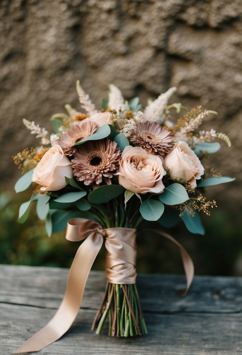 A rustic wedding bouquet featuring mocha and blush-colored flowers, tied with earth-toned ribbon, set against a natural backdrop