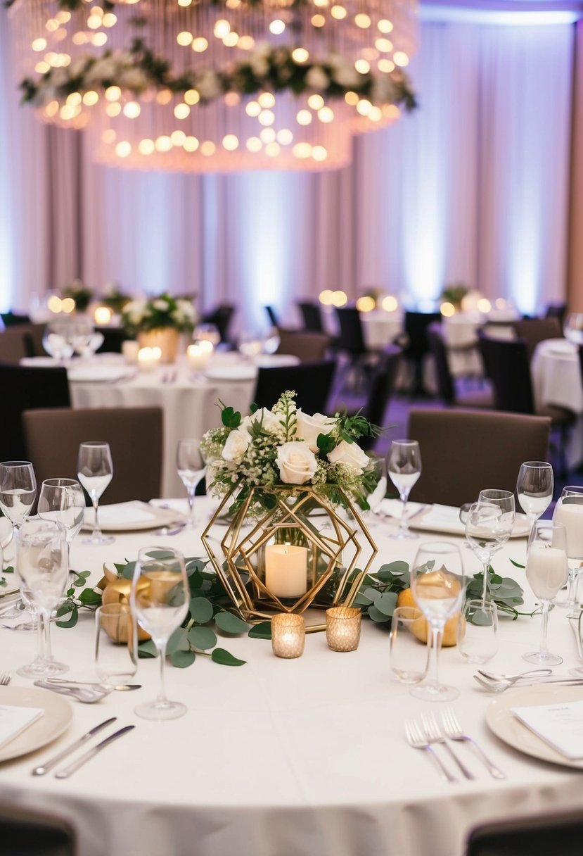 A table adorned with geometric centerpieces, adding elegance to a wedding reception