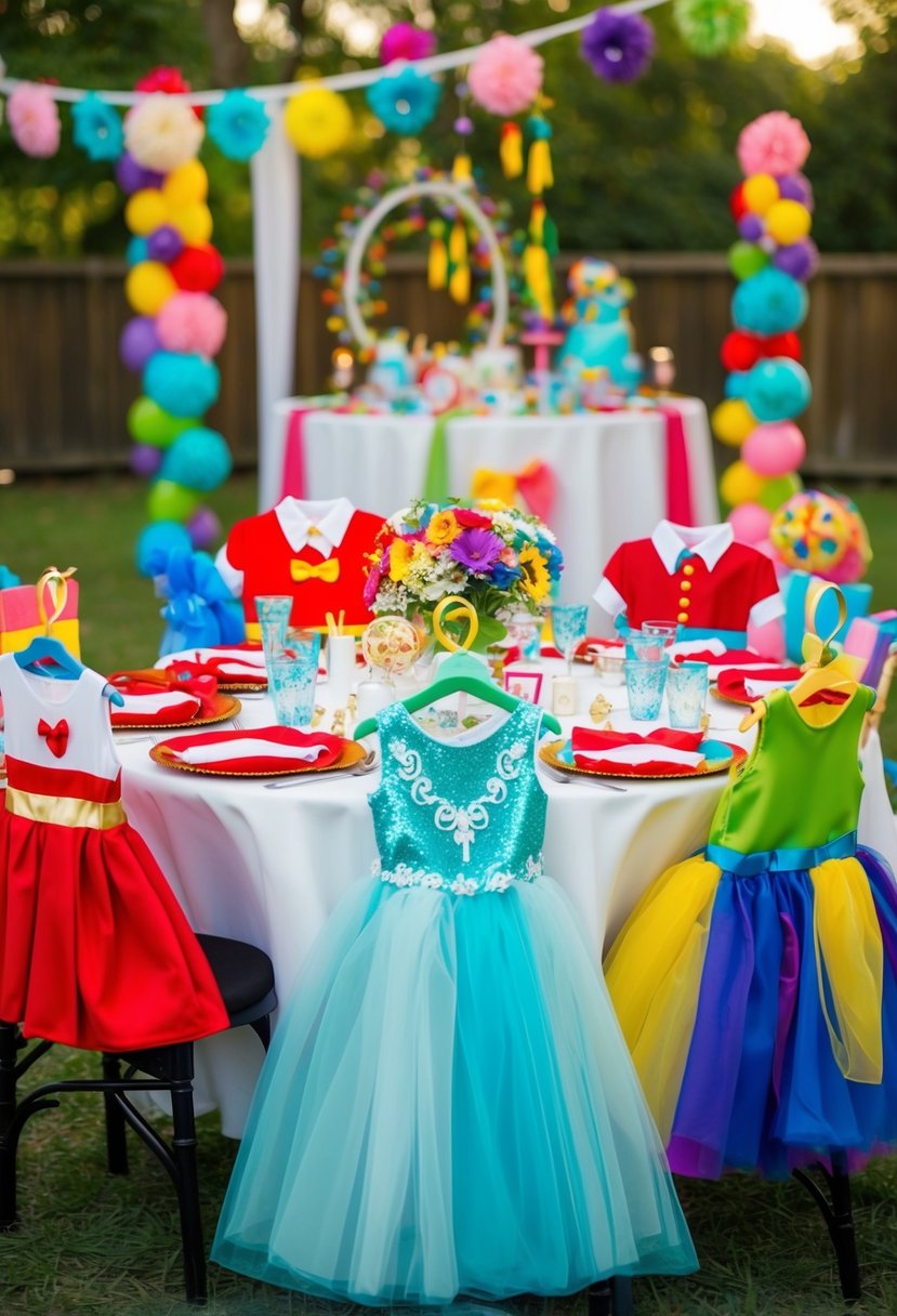 A table adorned with themed dress-up costumes for kids at a wedding, surrounded by colorful decorations and playful accessories