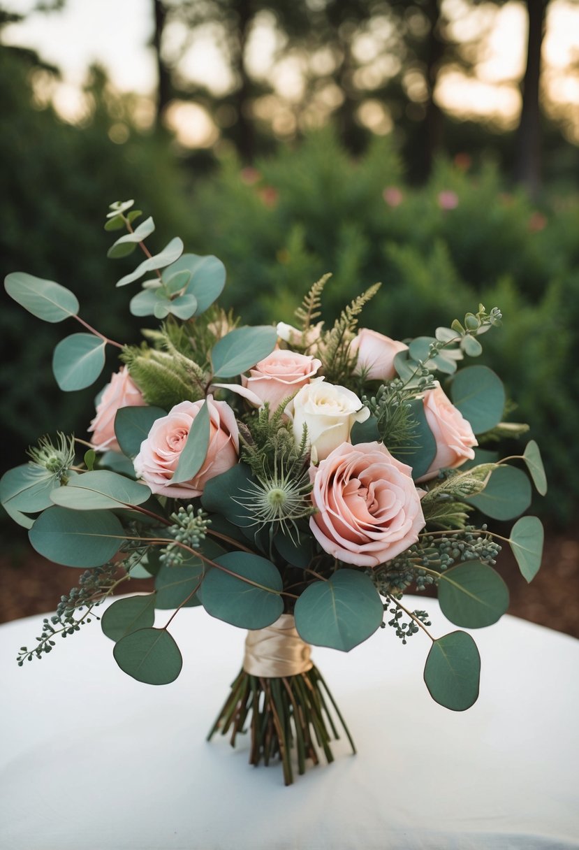 A wedding bouquet featuring dusky pink and earthy green tones, with eucalyptus leaves and roses arranged in a rustic, natural style