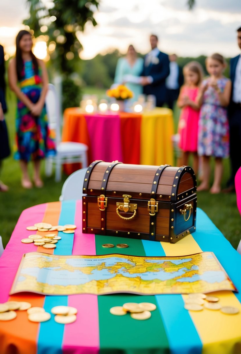 A colorful table with treasure map, gold coins, and jewels for kids to explore at a wedding