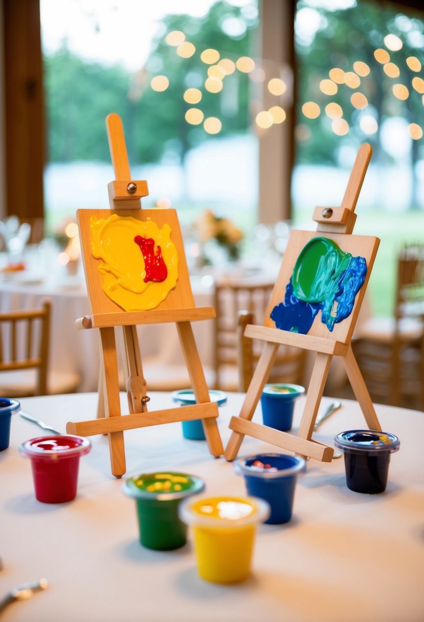 Mini art easels holding paints arranged on a kids' table, serving as wedding decorations