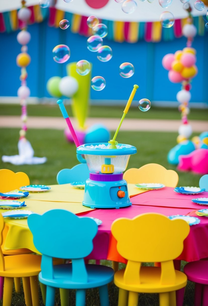 A colorful kids table with a bubble machine and wands, surrounded by playful decorations for a wedding celebration