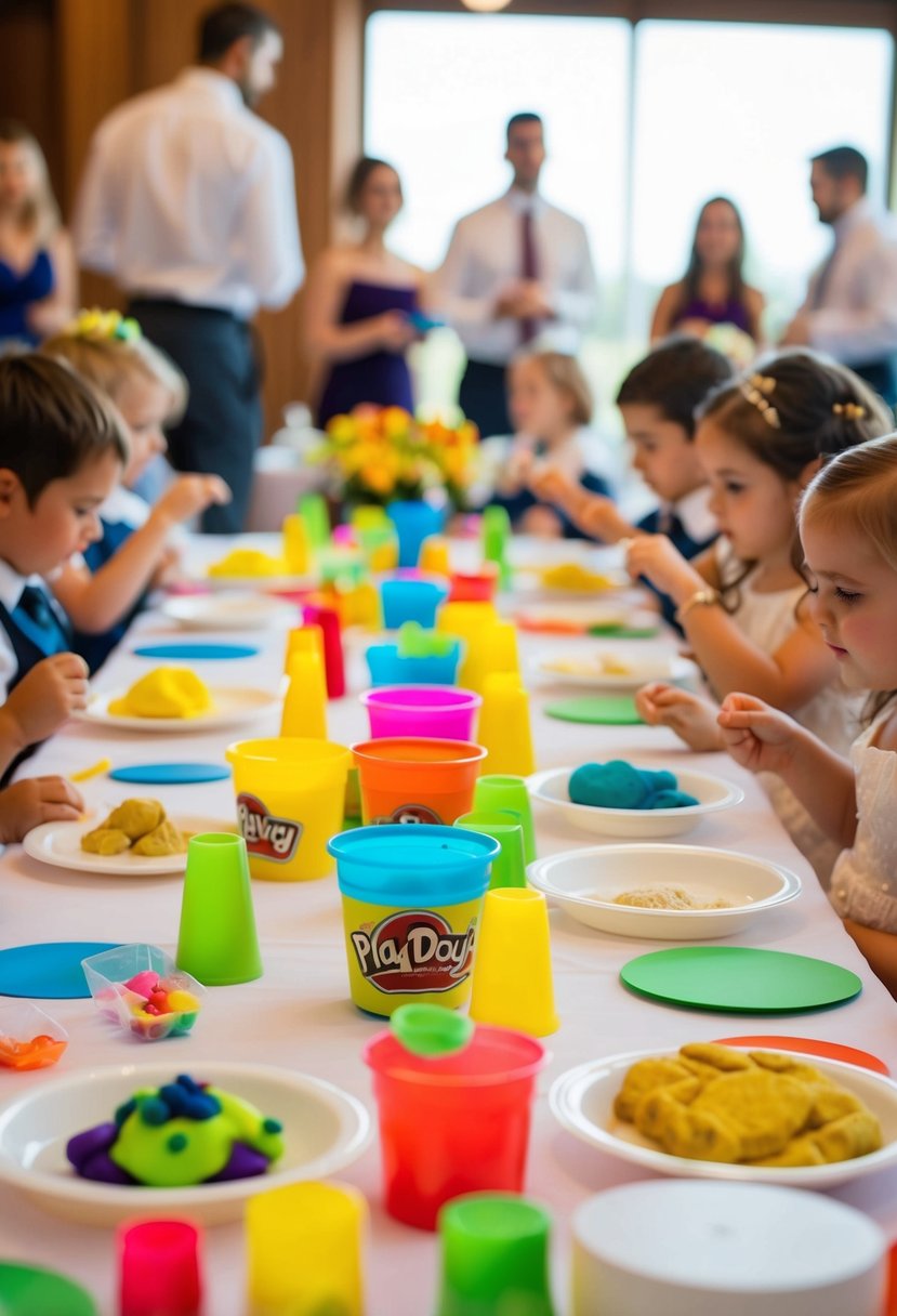 A kids' table at a wedding adorned with Play Dough sculpting kits and colorful decorations