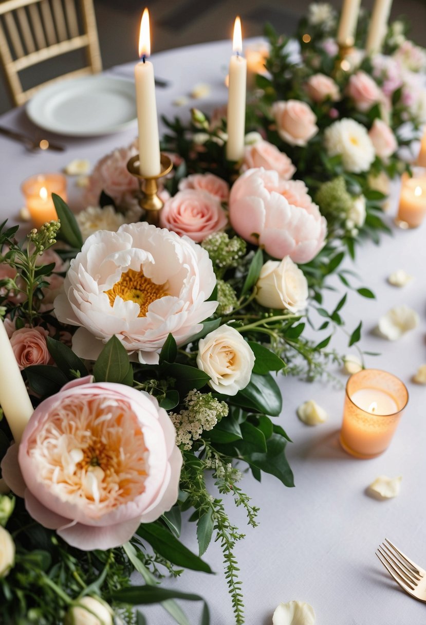 A table adorned with a floral centerpiece of roses, peonies, and greenery, accented with candles and scattered petals