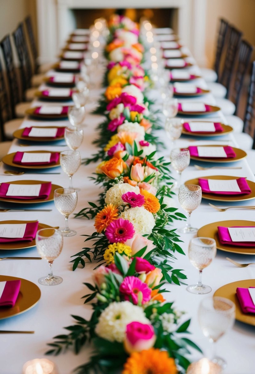 A long table adorned with vibrant floral table runners, creating a beautiful and elegant wedding table decoration