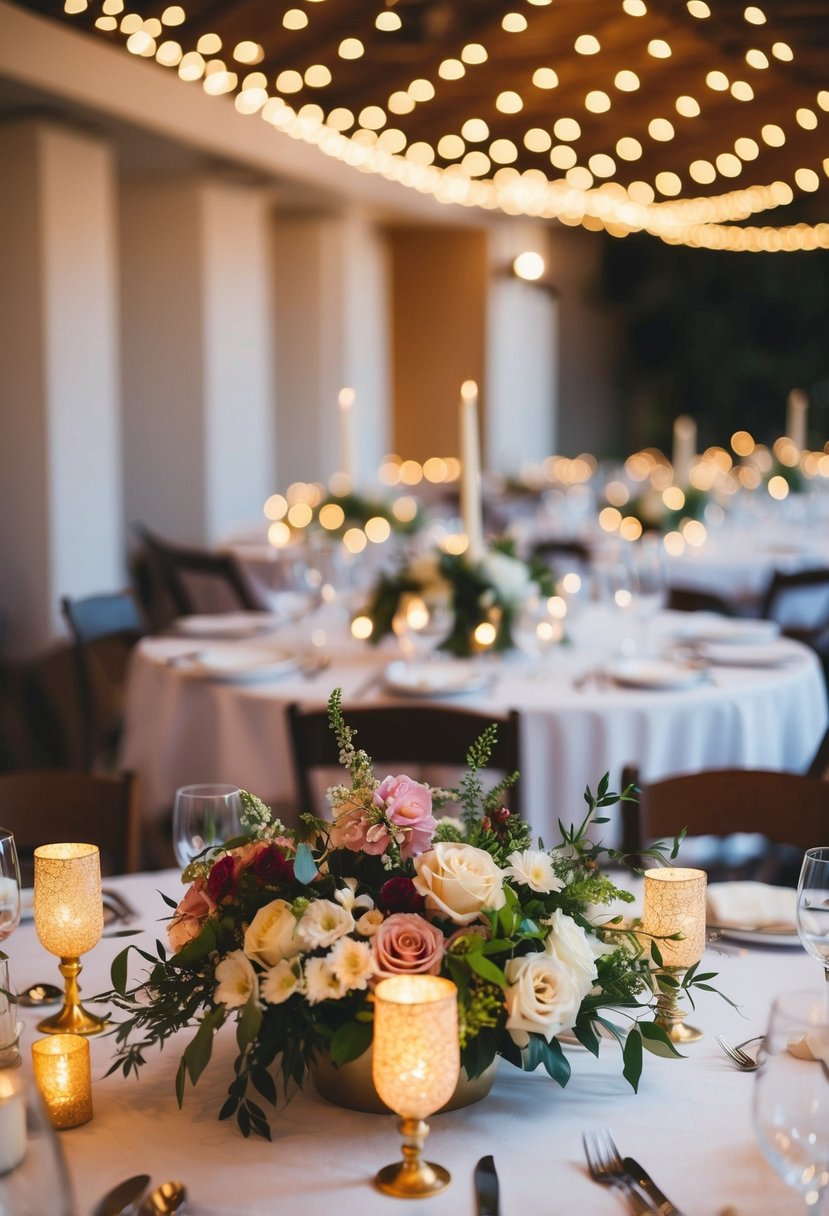 Fairy lights twinkle among floral centerpieces on a wedding table