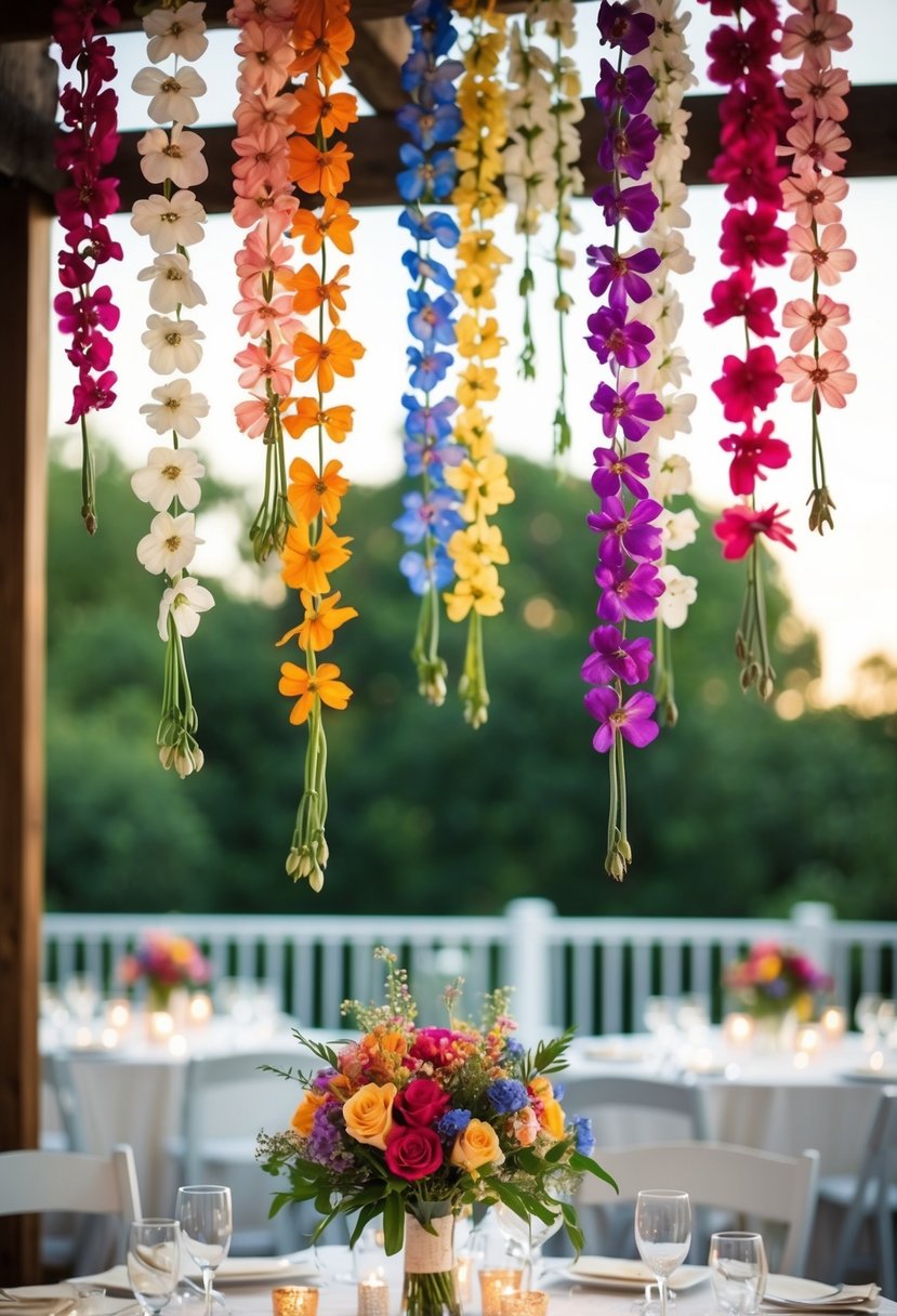 Colorful flowers hanging from above, creating a whimsical and elegant atmosphere for a wedding table decoration