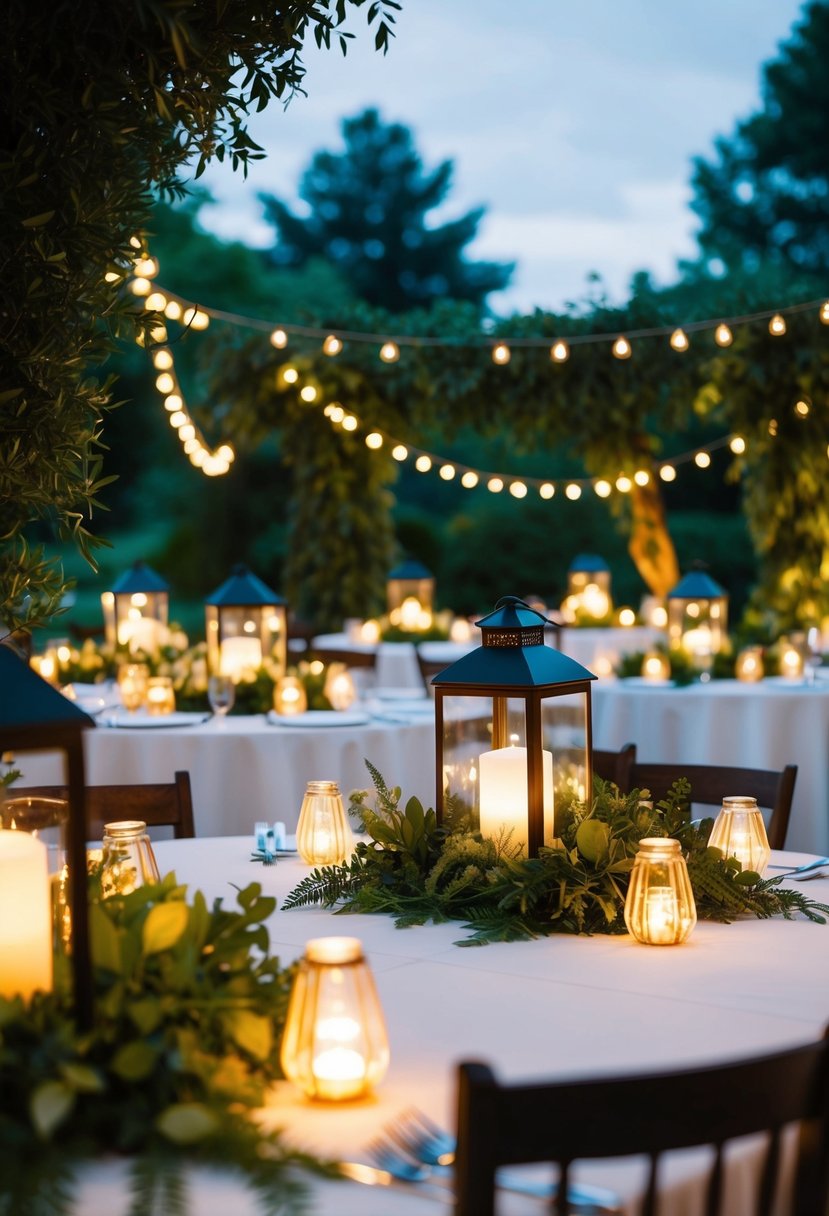 Lush greenery surrounds LED lanterns on wedding tables