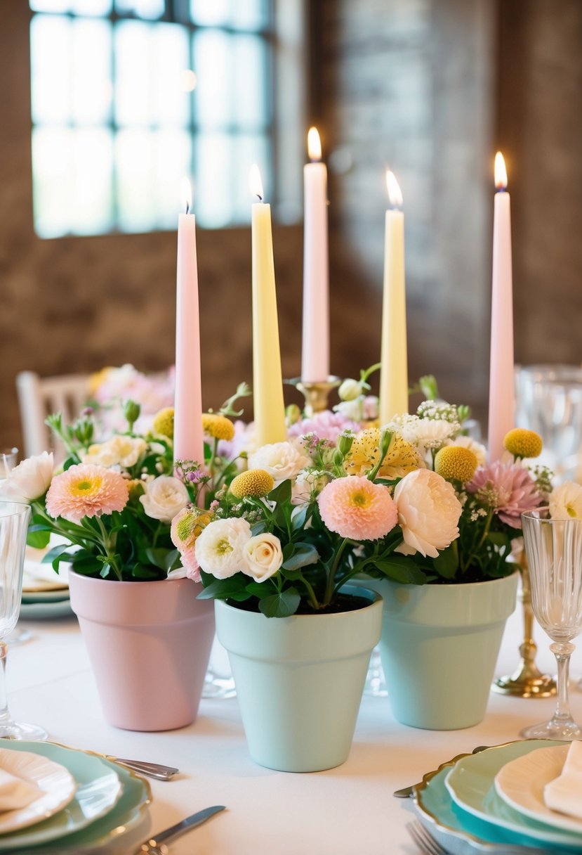 A table set with pastel pots filled with flowers and taper candles for a wedding centerpiece