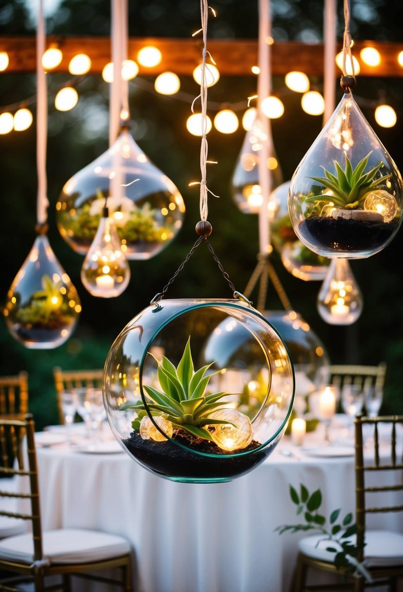 Several hanging glass terrariums with LED accents illuminate a wedding table