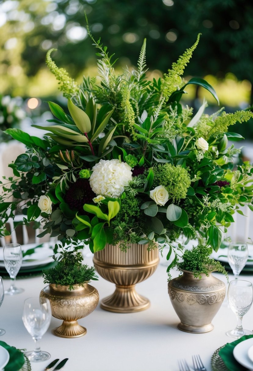 A lush, vibrant mix of greenery and foliage arranged in a variety of elegant containers, creating a stunning table centerpiece for a wedding celebration