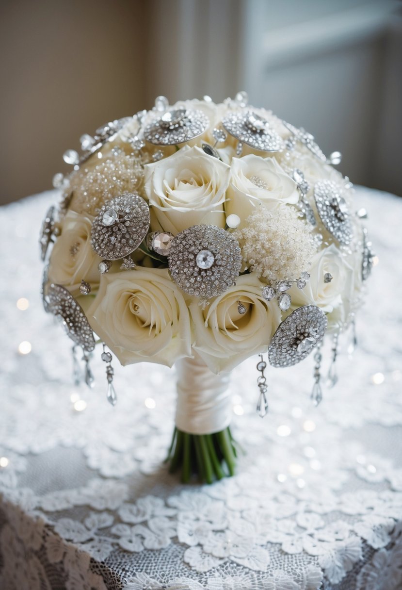 A sparkling wedding bouquet, adorned with shimmering glitter and delicate jewels, sits atop a lace-covered table