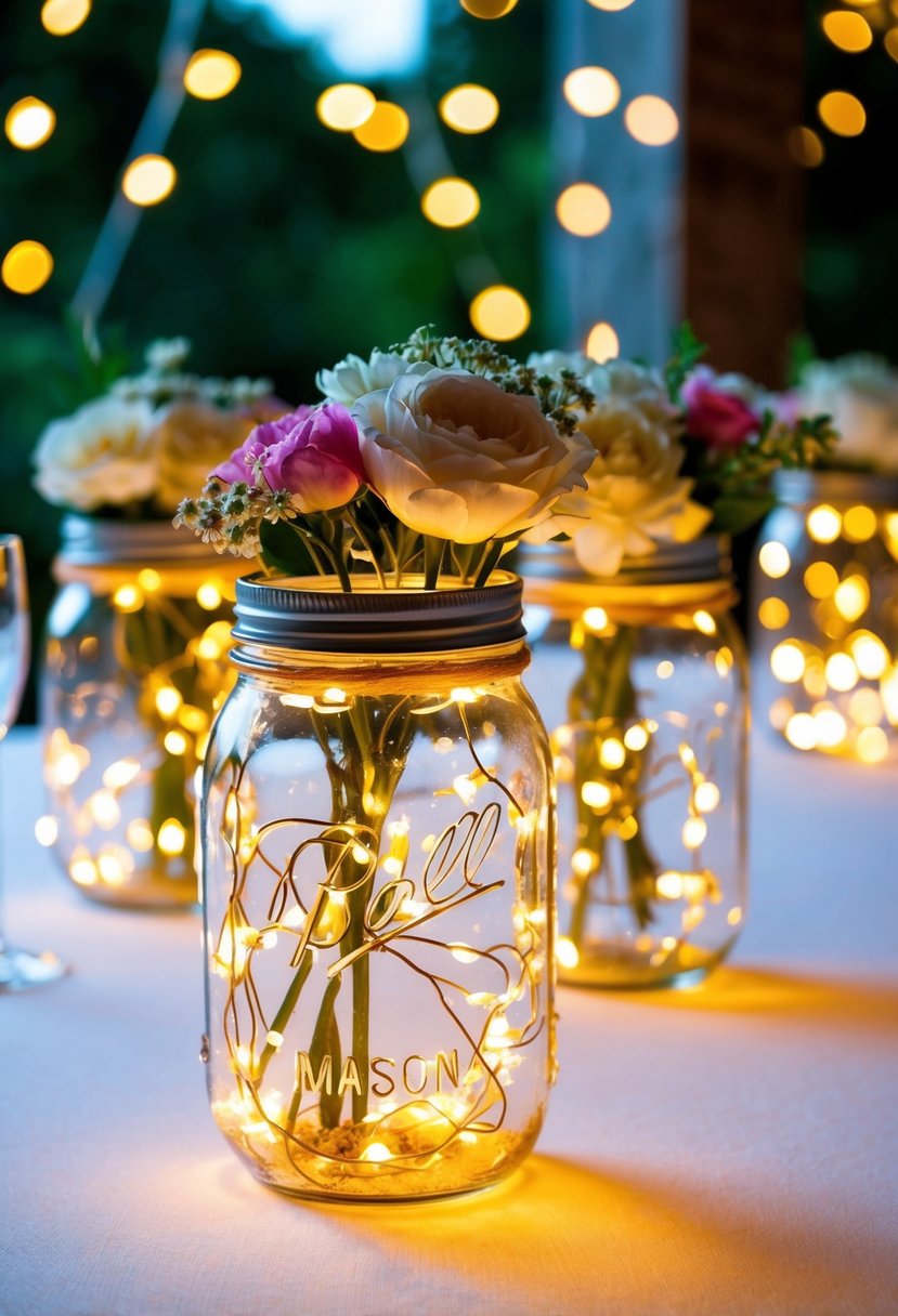 Mason jars filled with fairy lights and flowers illuminate a wedding table