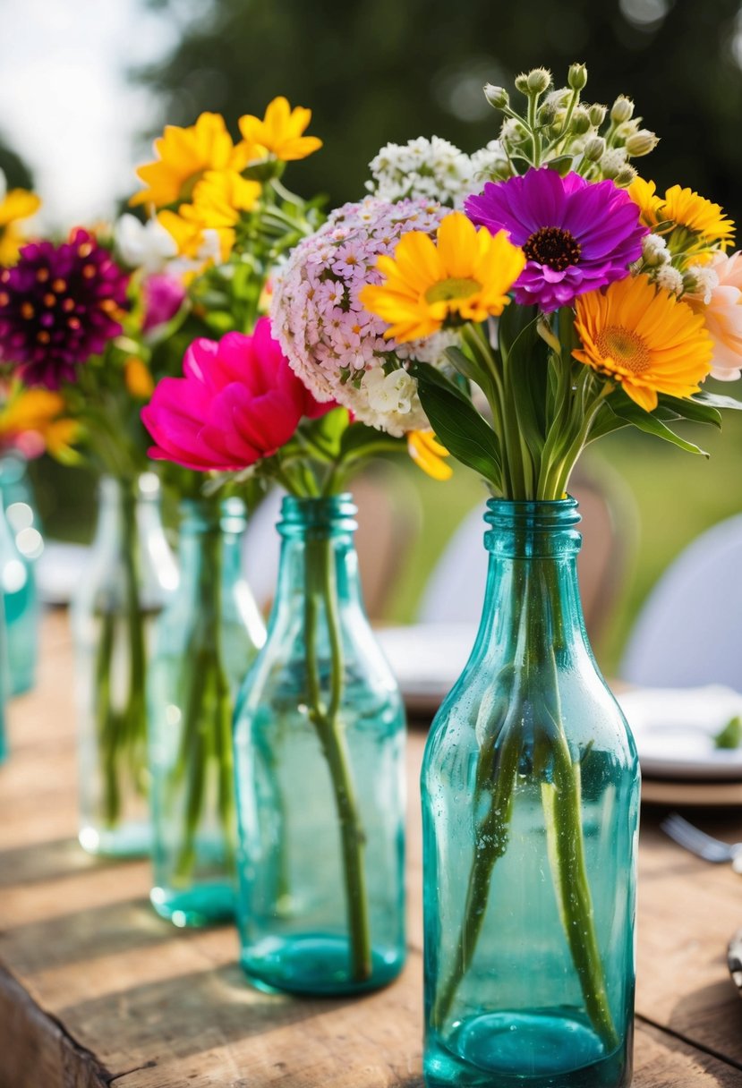 Colorful blooms fill vintage glass bottles on a rustic wedding table