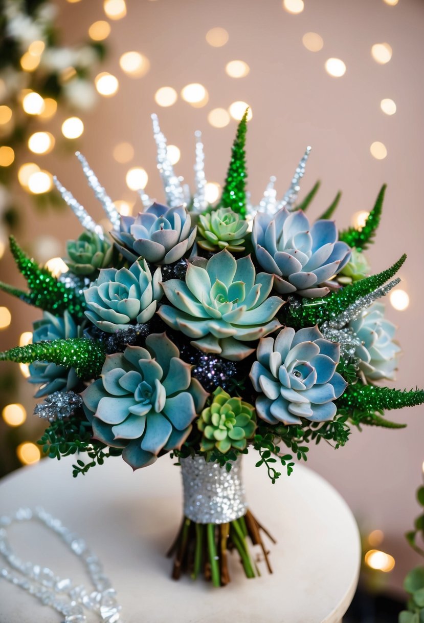 A sparkling wedding bouquet of succulents and glitter, arranged in a delicate and enchanting display