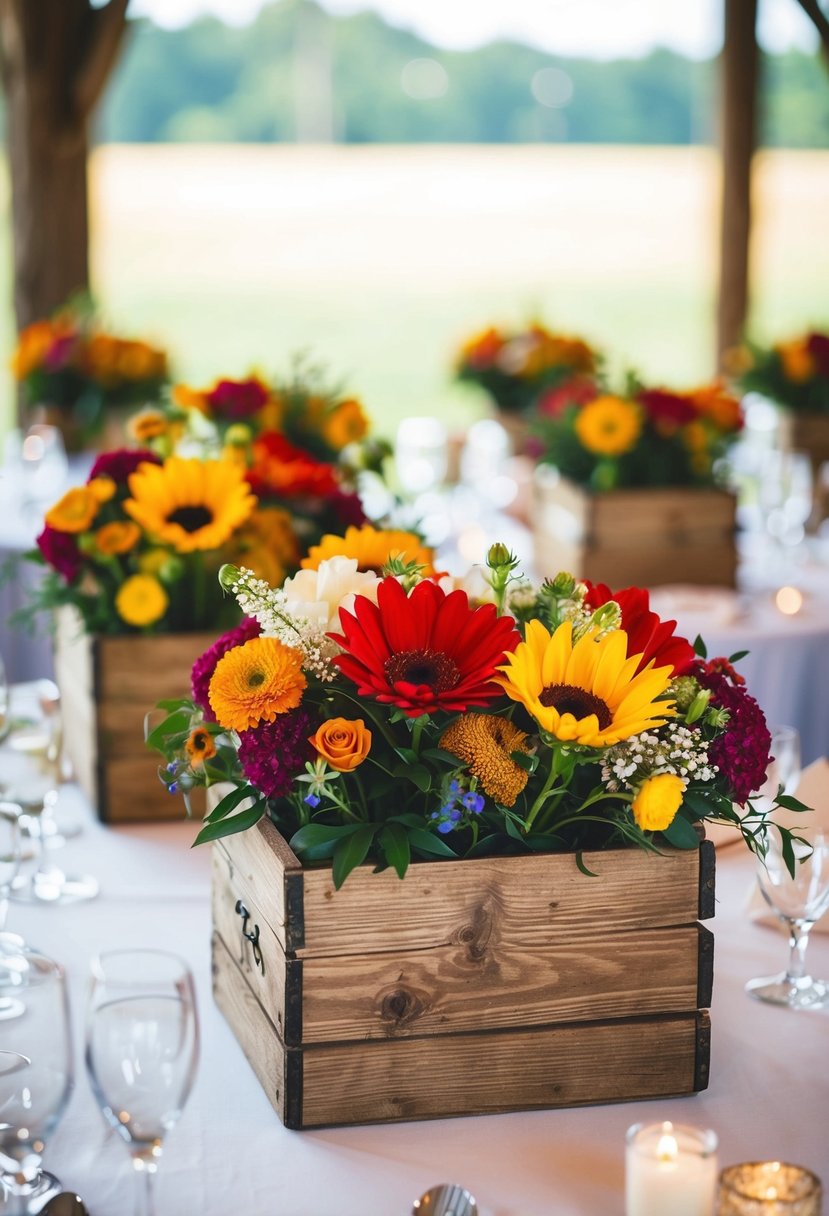 Rustic wooden boxes filled with colorful flowers adorn wedding reception tables