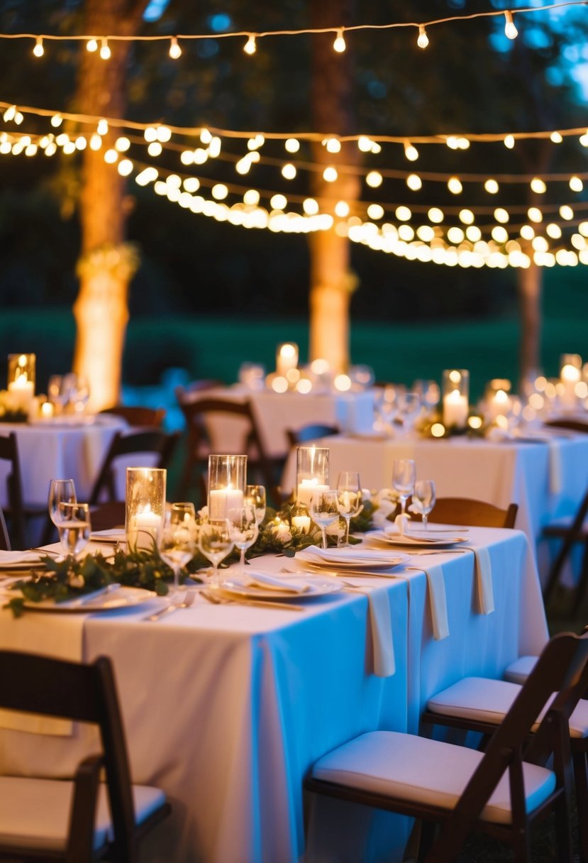 Warm glow of string lights illuminating wedding tables, creating a romantic ambiance for the celebration